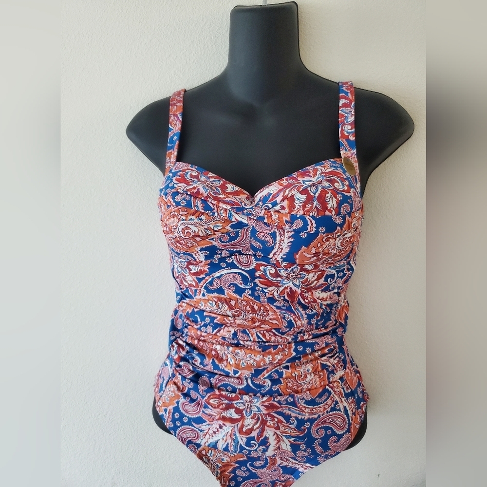 Nip Tuck Blue Painterly Paisley Joanne Twist Front Tummy Control Swimsuit Size 4 - Picture 5 of 10